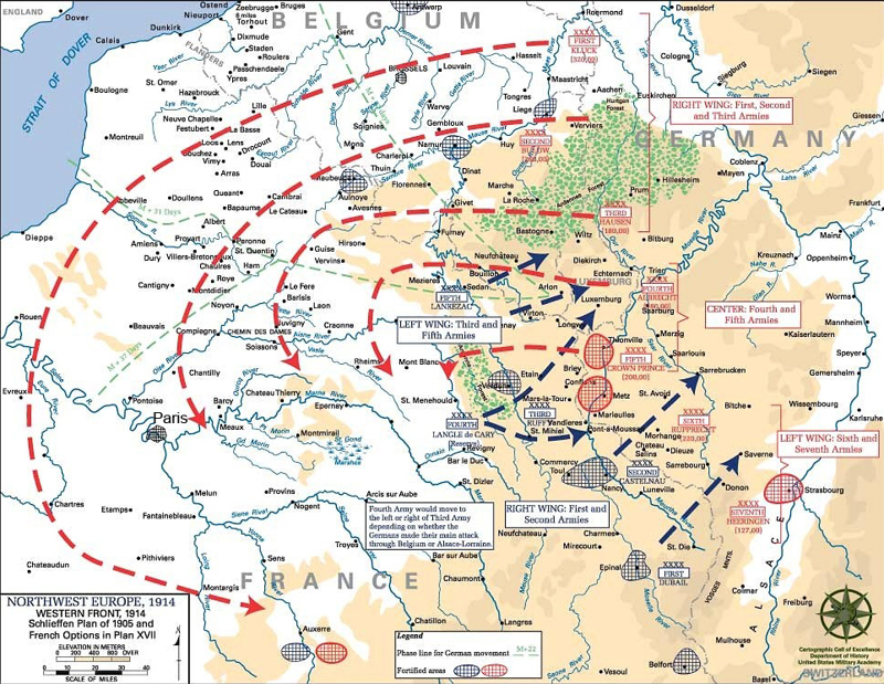 Map of Europe in 1914 showing the movements of Germany's Schlieffen Plan and France's Plan XVII