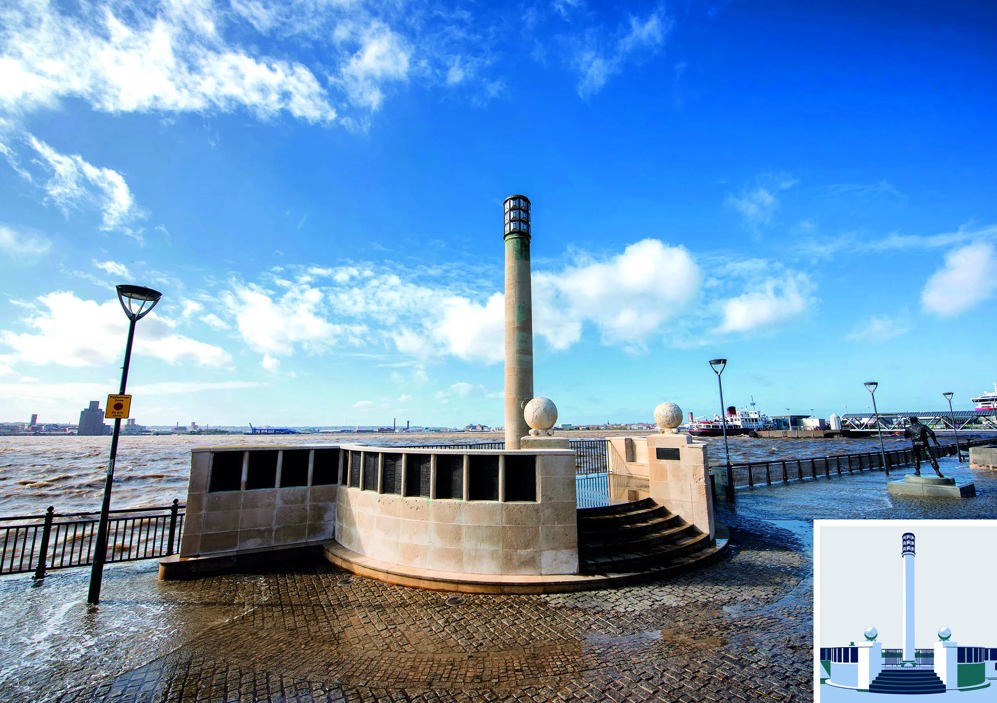 Liverpool Naval Memorial overlooking the Mersey. The memorial takes the form of a central cylindircal column resembling a light house set upon a raised round dais. Two carved globes flank the stops leading up to the memorial. Name panels have been placed in small alcoves dotting the memorial.