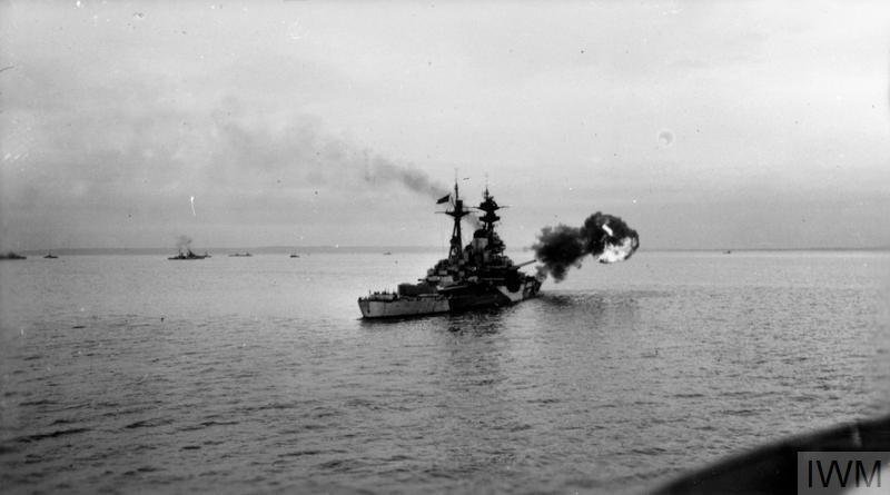 HMS Ramilies firing on Gold Beach during the Invasion of Normandy