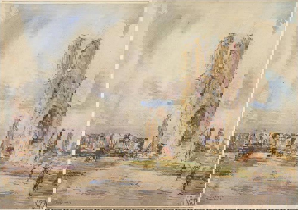 Oil painting of the smashed city centre of Ypres following the First World War.