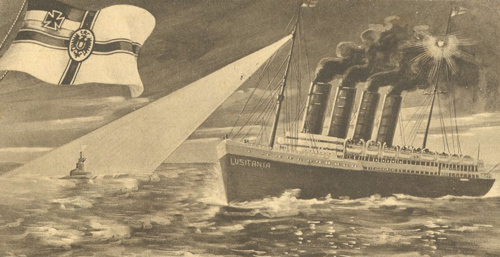 Sepia-tinted postcard featuring an illustration showing the sinking of the Lusitania by a German U-boat