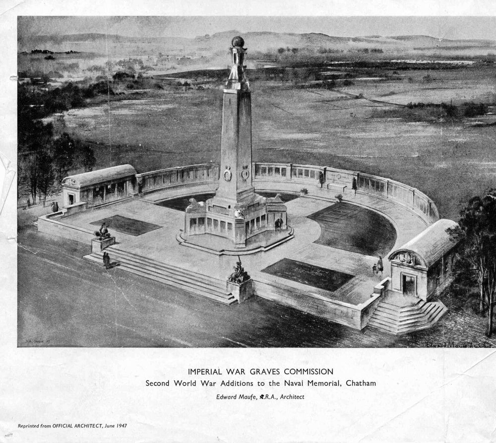 A drawing of Charham naval memorial showing the central globe-topped obelisk, curving rear memorial wall and flanking pavilions.