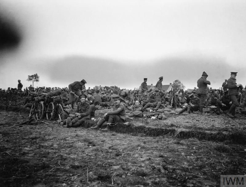 Troops of the Scots Guards resting at Ghelevult near Ypres, Belgium.