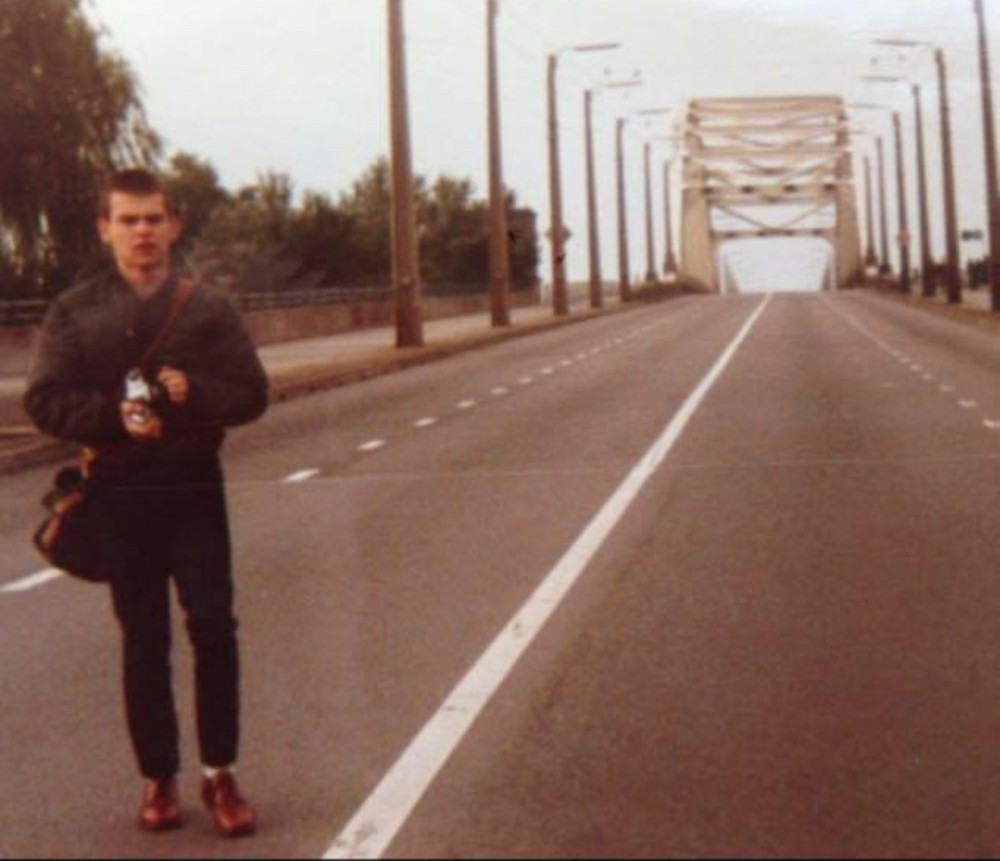 Kev Barnes standing on Arnhem John Frost Bridge circa 1977