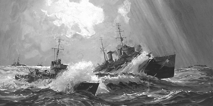 Black and white painting showing two Royal Navy ships driving through hard seas and rain. Great swells wash over each ship with tremendous splashes.