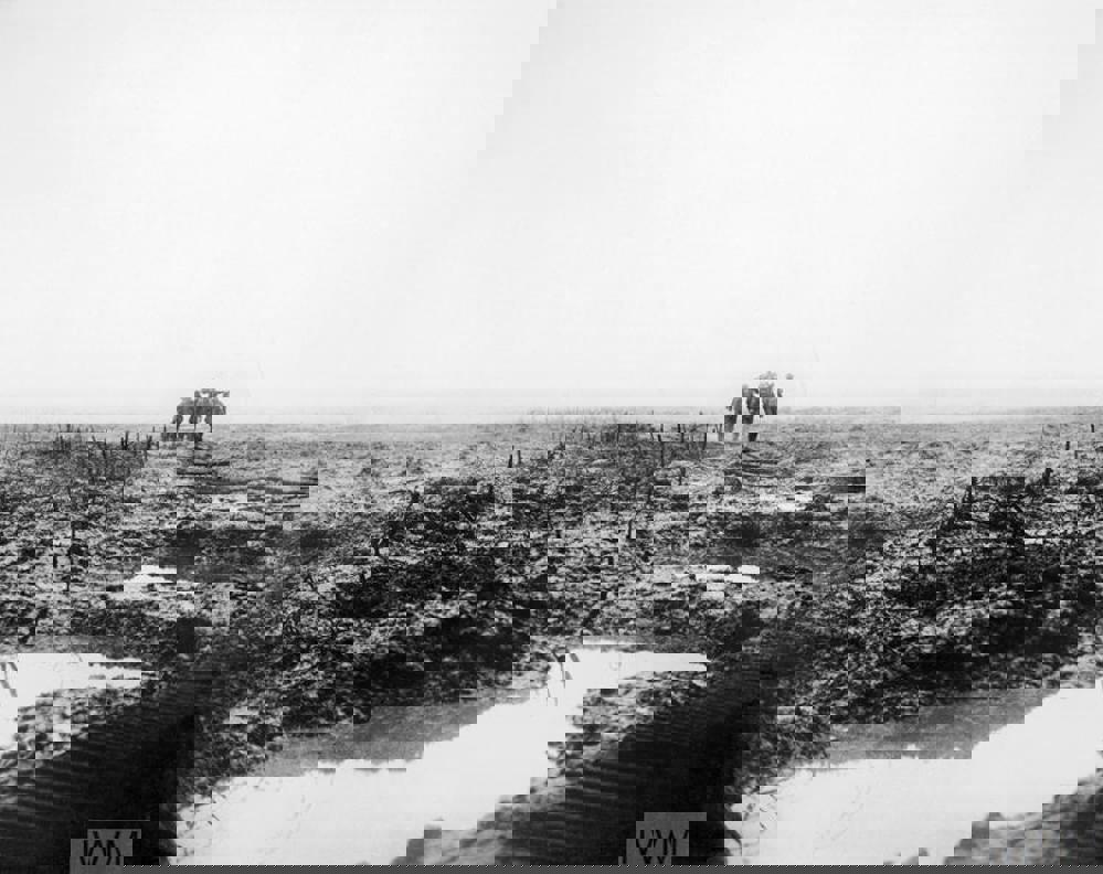 Canadian stretcher bearers carry a wounded soldier on their shoulders over a shell-torn landscape. The ground is thick and muddy, with deep shell craters full of muddy rain water visible in the foreground.