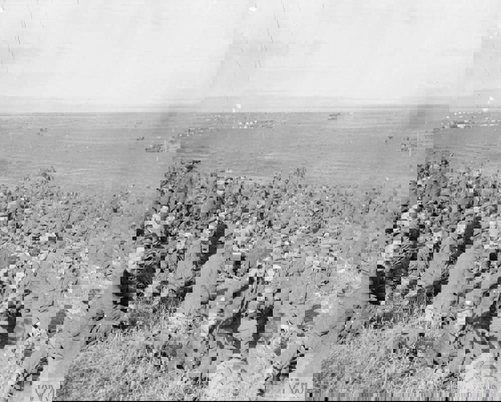 Men of the 219th Battalion, London Regiment, rest on a Macedonian hillside during the Salonika Campaign, 1916.
