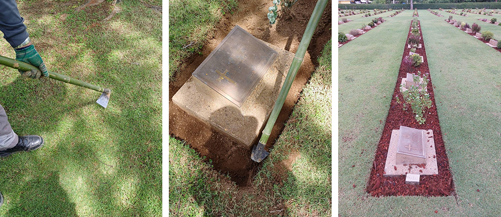 From left to right: Close up of a hoe raking grass; a hoe slotting neatly in the border of a war grave, a neatly planted border with bronze war grave markers and green plants.