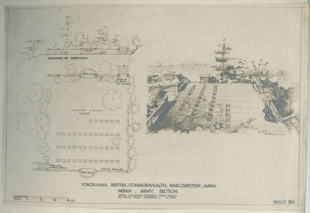 Sketch showing proposed burial plot layouts at Yokohama War Cemetery Japan. On the left shows an overhead view of a headstone plot, while on the right is a sketch of the plan in situ, complete with rows of bronze grave markers.