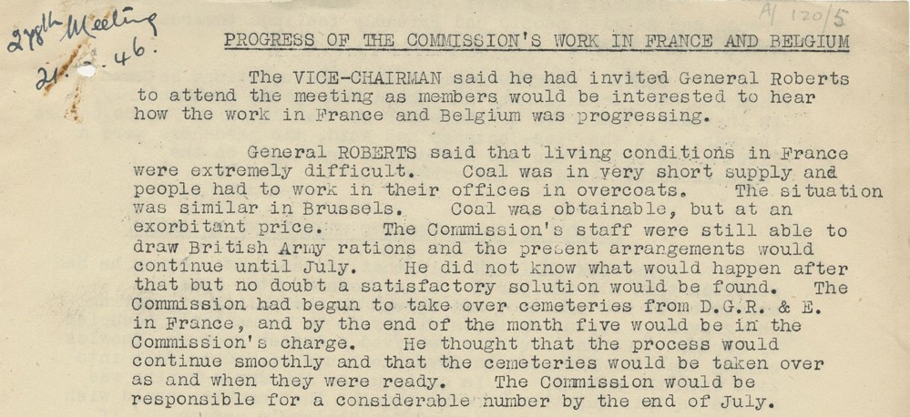 CWGC Report detailing situation in Arras around 1944 regarding return of staff to the continent.