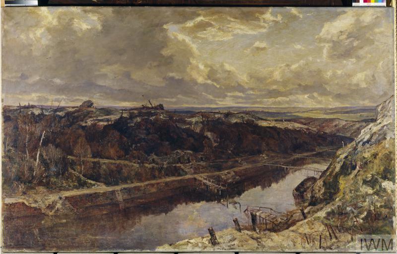 Oil painting of a view of the St. Quentin Canal in 1918. A broken bridge half spans the inky waters of the canal while a tow path stretches along the water way.