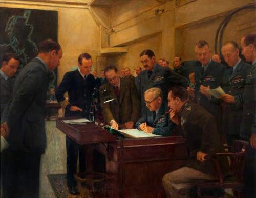 Oil painting of Bomber Command HQ showing numerous air officers in deep discussion around a wooden desk.