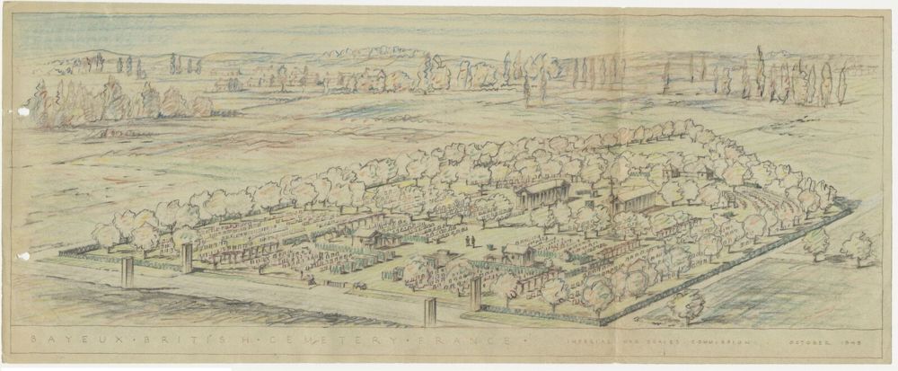 Architectural drawin gof Bayeux War Cemetery, showing war grave plot layouts, planting scheme and cemetery features.