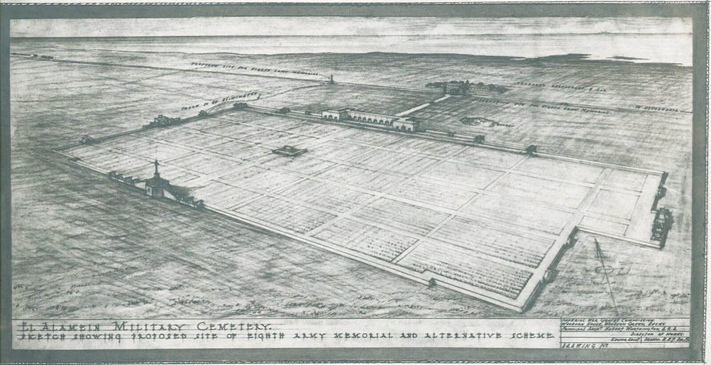 Black and white elevated view of El Alamein War Cemetery.