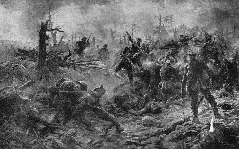 Black and white drawing of hand-to-hand fighting with bomb and bayonet in Delville Wood during the Battle of the Somme.