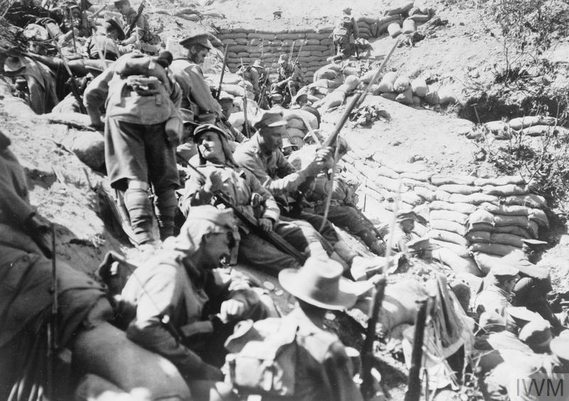 First World War era Australian Infantry dug in in a trench in Gallipoli.