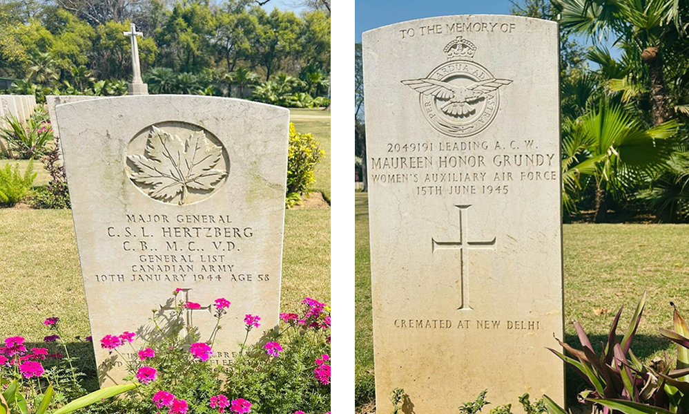 Left to right: Headstone of Major General Charles Sumner Lund Hertzberg, Headstone of Leading Aircraftwoman Maureen Grundy
