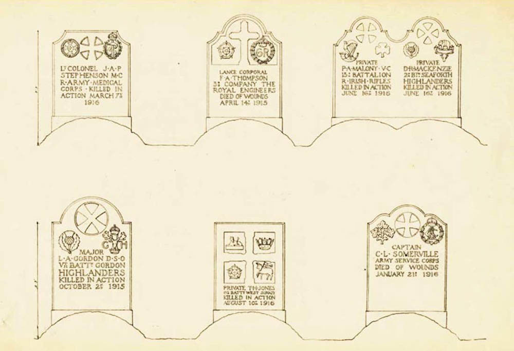 Sketch of proposed CWGC headstone designs. The headstones vary in shape, from round topped, to square topped with slopped round shoulders, to flat topped. Each features propsed engravings and various heraldic designs to indicate names, dates of service, dates of death and more details.