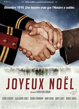 Joyeux Noel poster showing a close up of German adn British hands shaking over No Man's Lnd.
