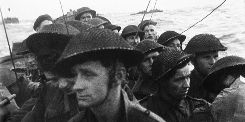 British soldiers in a landing craft on their way to Normandy on D-Day.