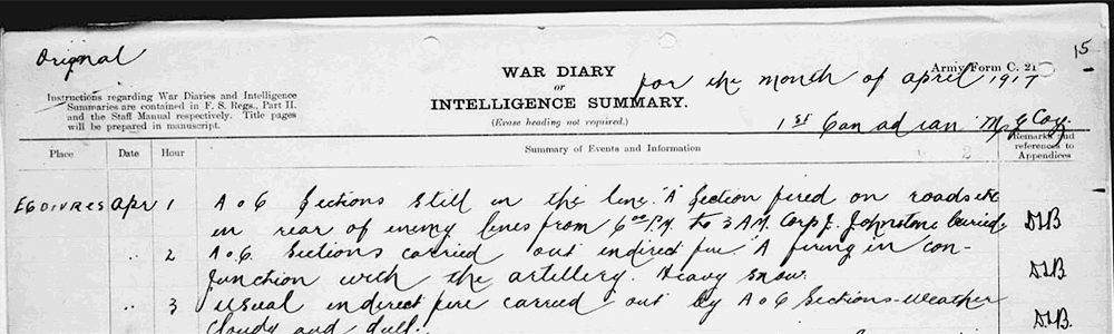 War diary example - 1 April 1917