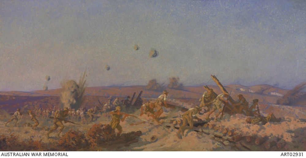Painting showing the Australian 1st Division taking Lone Pine Ridge on 6 August 1915. Shell bursts exploded amidst a group of men, in the background, and in the sky. Men are pictued charging with fixed bayonets towards a Turkish trench network.
