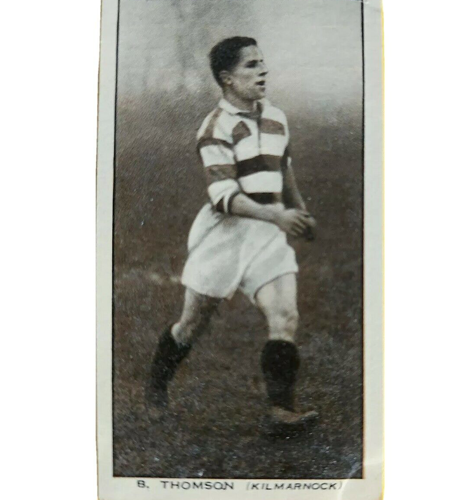 Benjamin Thomson in his Kilmarnock kit playing a football match as seen in a cigarette card portrait.