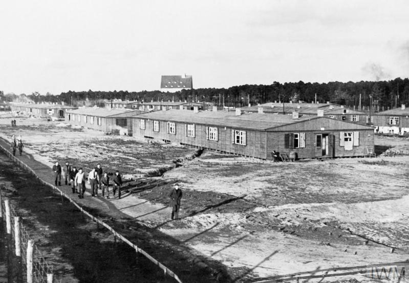 Row of wooden huts at Stalag Luft III POW camp, Poland, circa 1944.