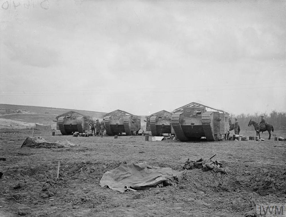 A line of four MkV tanks preparing for action on the Somme.