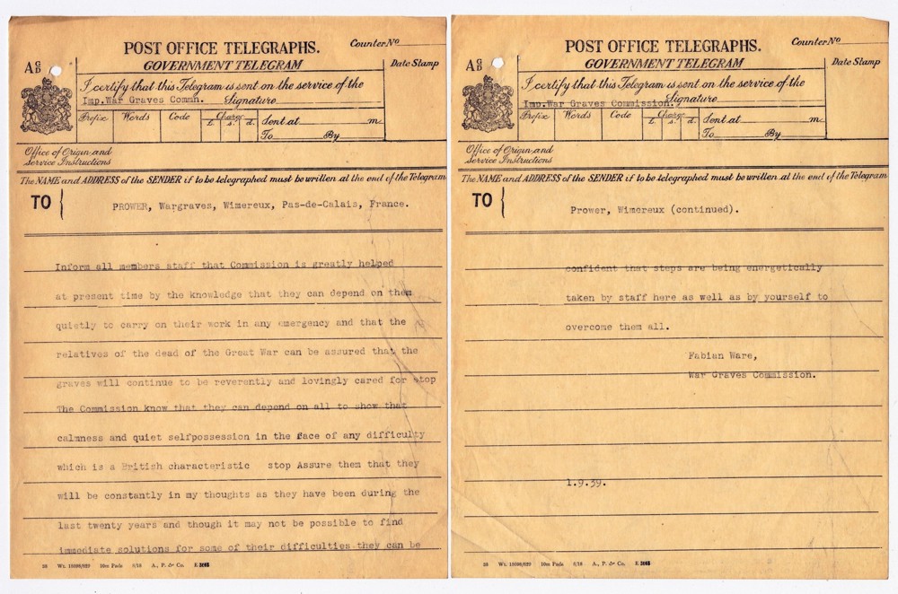 Telegram from Sir Fabian Ware to CWGC staff in France sent in September 1939.