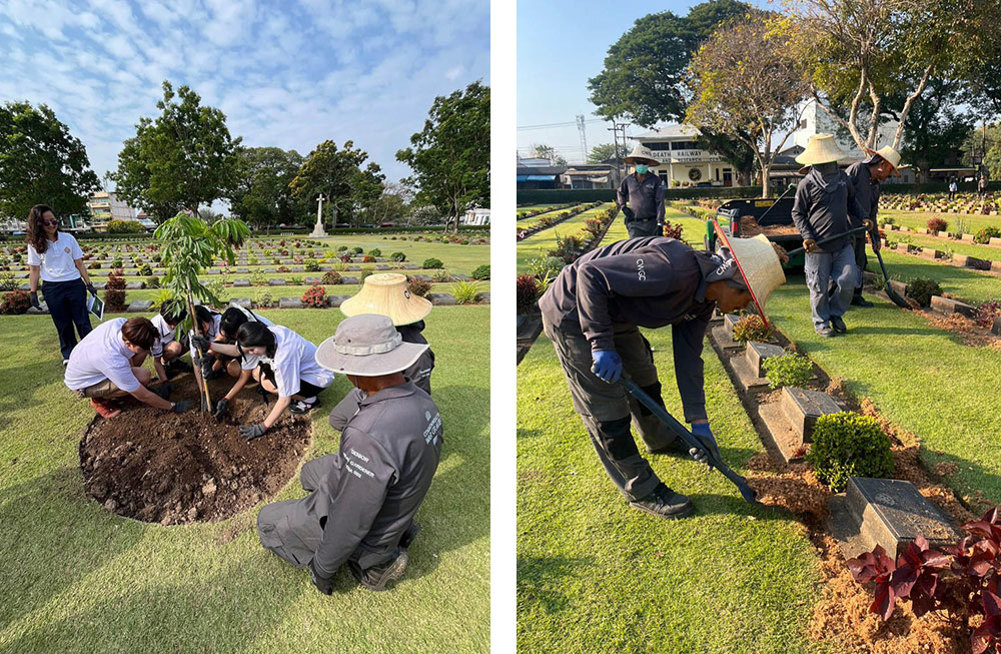 Image left to right: Students help CWGC gardners planting a tree in Kanchaburi War Cemetery; right shows CWGC gardeners working on mulch and plant borders.