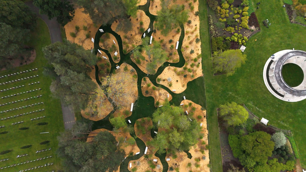 A bird's eye view of the new Brookwood 1914-1918 Memoria; showing the winding grass paths through the woodland. White stone stelae can be seen placed alongside the pathways.