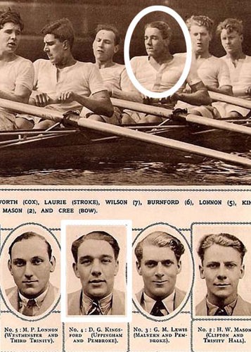 Sepia photo of the men's 8s rowing team of London Rowing Club rowing down a river with D,.G Kingsford circled.