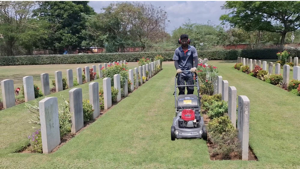 CWGC gardener runs a small hand-driven lawnmower along grass next to a headstone row.