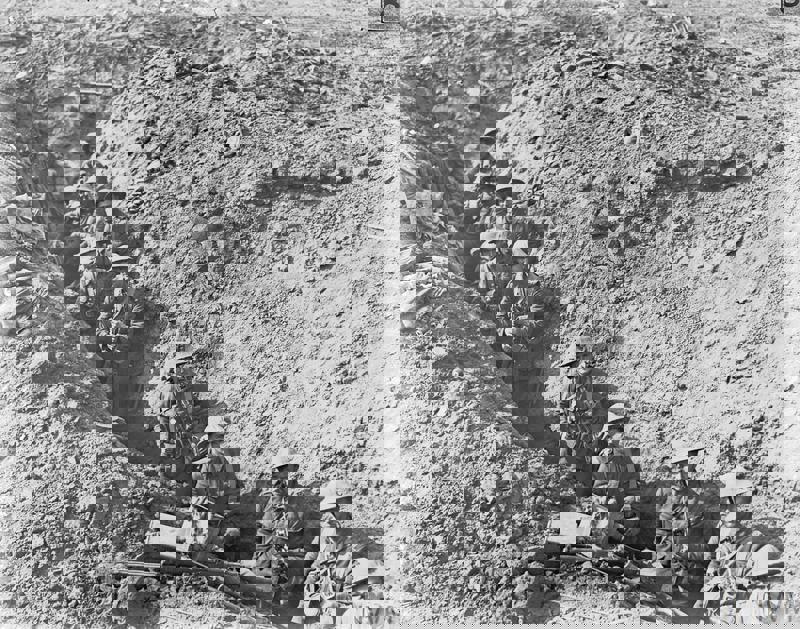 New Zealand infantry occupying a slit trench near Flers at the Battle of the Somme.