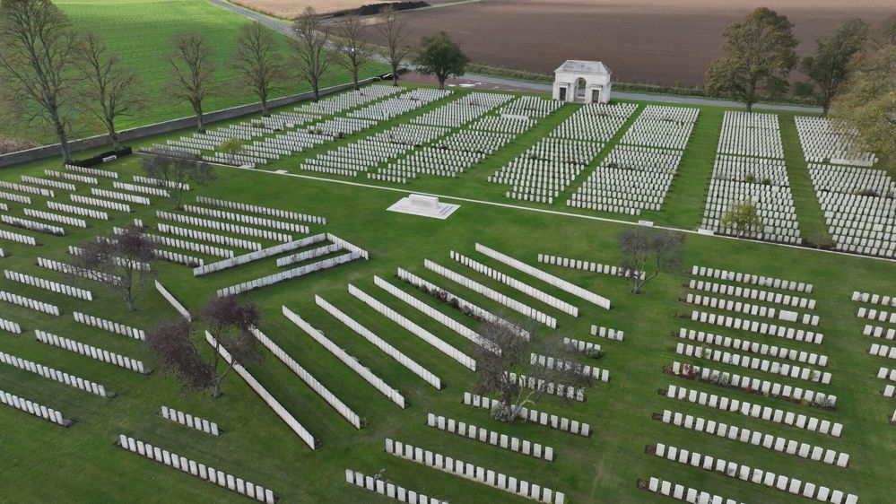 Overhead view of the headstone rows and entrance structure at Serre Road No.2 Cemetery