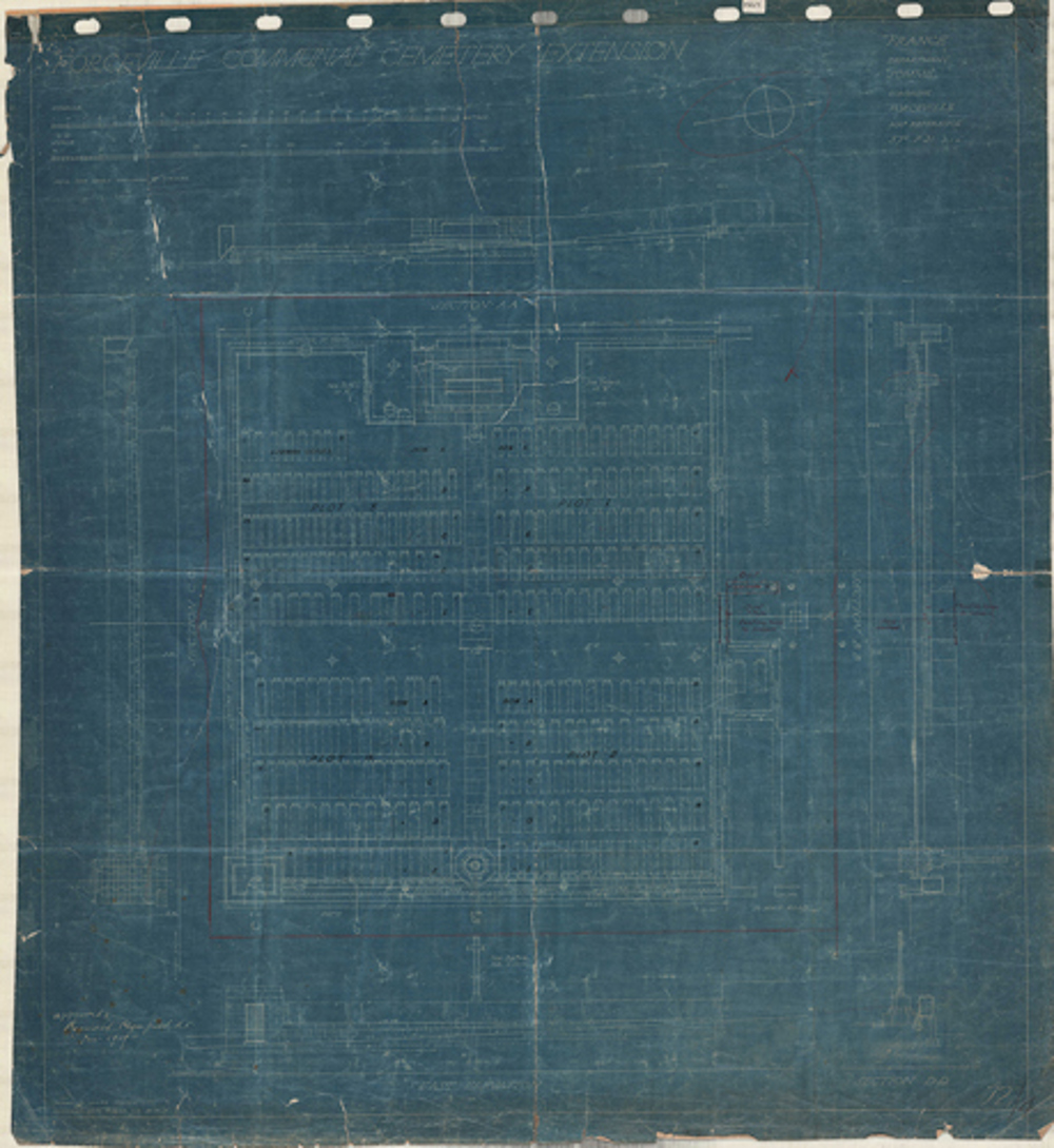 Architectural blueprint of Forceville Communal Cemetery. Over time, the blue has become more dominant, as the cemetery layout draught white outlines have faded.