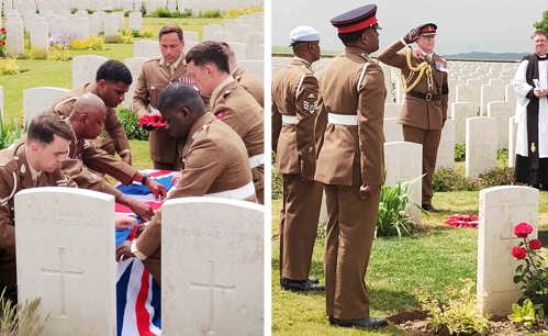 The bearer party from 14th Regiment Royal Artillery fold the Union Flag which covered the coffin. Colonel Richard Harmer ADS, Regimental Colonel of The Royal Regiment of Artillery, lays a wreath during the service.