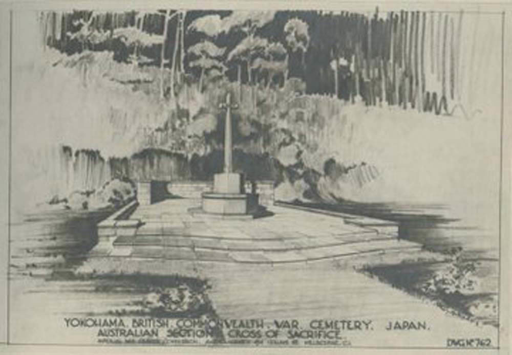Black and white sketch of the Cross of Sacrifice at Yokohama War Cemetery's Australian Section. The cross sits on a stone platform with a short boundary wall, with a stone path leading up to it.