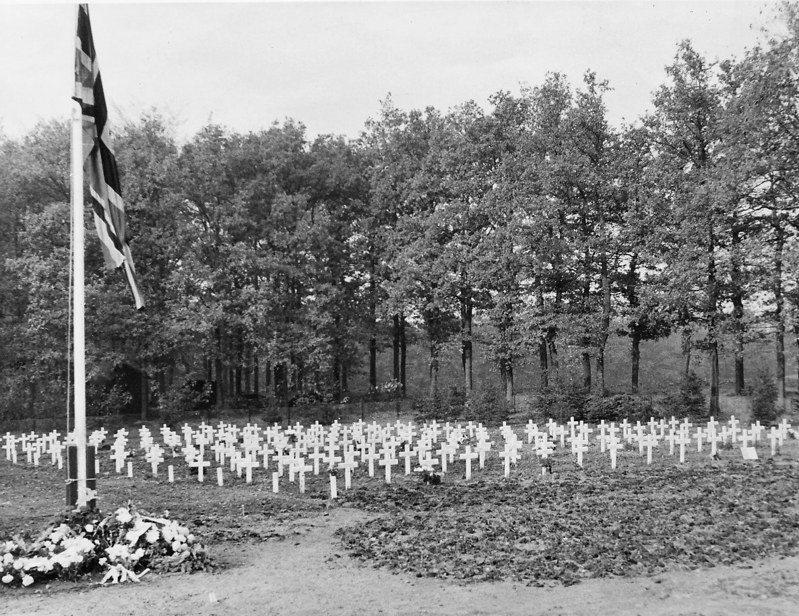 Rows of Cross shaped headstones and grave markets at Arnhem Oosterbeek War Cemetery, circa 1945.