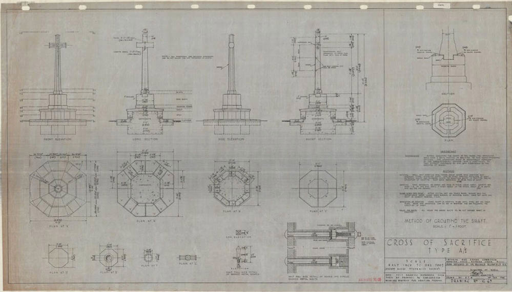 Architectural drawing of the CWGC Cross of Sacrifice. The sketches show various elevations and views of the cross, as well as highlighting measurements and its unique features.