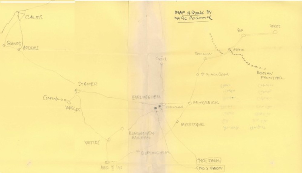 Map showing the path CWGC staff took from Ypres to Calais to evacuate in May 1940