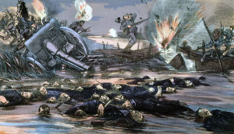 Colour lithograph of the Battle of the Yser, showing smashed Belgian artillery pieces and dead or wounded soldiers lyung in the river's waters. A shell blast can be seen in the background next to a wounded soldier clutching his head as he falls to the ground.