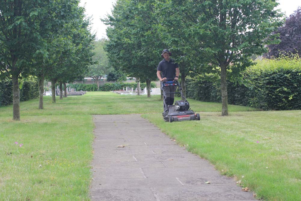 A man cuts grass with a lawnmower on a green lawn next to a concrete path.