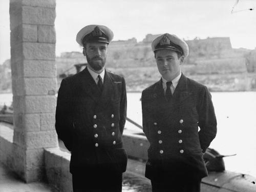 Lieutenant Commander David Wanklyn, left, with Lieutenant J.F.R. Drummond, right, of HMS Upholder