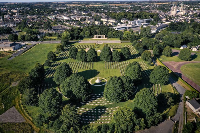 A drone shot showing the whole of Bayeux War Cemetery