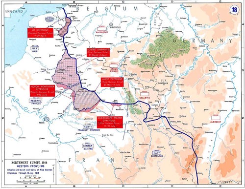 Colour map detailing the movements of German armies during the 1918 Spring Offensive.