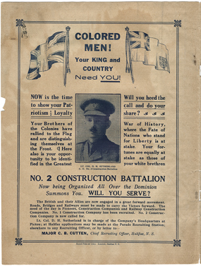 Recruitment poster for the No.2 Construction Battalion. It features the British and Canadian Flags of the Early 20th Century and a picture of the battalion's white officer int he centre.