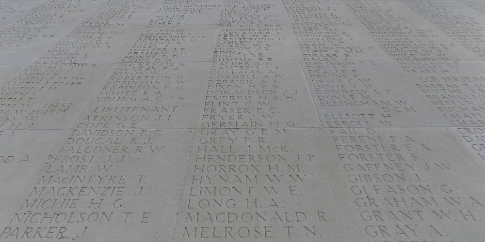 Names on a panel at Thiepval Memorial, France