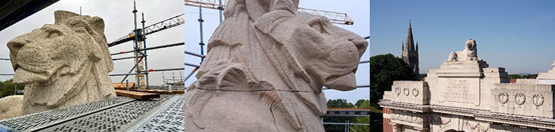 Various stone lion sculptures decorating the Menin Gate